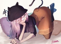 Rule 34 | 1girl, all fours, animal ears, animal hat, black hat, boots, cat ears, cat hat, cat tail, closed mouth, elbow rest, glasses, green eyes, hand on own cheek, hand on own face, hat, head rest, heterochromia, high heel boots, high heels, highres, jewelry, long hair, original, pantyhose, pink eyes, pink hair, ring, smile, solo, sooon, tail, top-down bottom-up