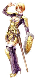 Rule 34 | 1girl, armor, blonde hair, boots, breasts, cleavage, fingernails, full body, gold armor, highres, long fingernails, parted bangs, purple thighhighs, sheath, sheathed, shield, short hair, simple background, solo, standing, sweet dreams, sword, thighhighs, weapon, white background, yamashita shun&#039;ya