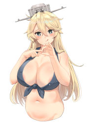 Rule 34 | 1girl, areola slip, bad id, bad pixiv id, blonde hair, blue eyes, breasts, cleavage, closed mouth, collarbone, commentary, crop top, cropped torso, eyes visible through hair, front-tie top, hair between eyes, headwear request, highres, iowa (kancolle), kantai collection, large breasts, long hair, looking at viewer, navel, no bra, osananajimi neko, penetration gesture, revision, sexually suggestive, simple background, solo, star-shaped pupils, star (symbol), stomach, symbol-shaped pupils, tongue, tongue out, white background