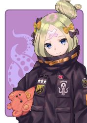 Rule 34 | 1girl, abigail williams (fate), abigail williams (traveling outfit) (fate), bandaid, bandaid on face, bandaid on forehead, beppu mitsunaka, black bow, black jacket, blonde hair, blue eyes, bow, fate/grand order, fate (series), hair bow, hair bun, high collar, highres, holding, holding stuffed toy, holding toy, jacket, long hair, long sleeves, looking at viewer, official alternate costume, orange bow, parted bangs, polka dot, polka dot bow, single hair bun, smile, stuffed animal, stuffed toy, teddy bear, tentacles, toy, upper body