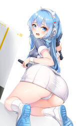 Rule 34 | 1girl, absurdres, animal ear headphones, animal ears, ass, blue eyes, blue hair, blush, breasts, dress, fake animal ears, from behind, full body, goddess of victory: nikke, headphones, headset, highres, holding, holding magazine (weapon), holding weapon, kamikili, kneeling, long hair, looking at viewer, looking back, magazine (weapon), open mouth, panties, shifty (nikke), shoes, short sidetail, short sleeves, sidelocks, small breasts, smiley face, sneakers, socks, solo, thighs, underwear, weapon, white panties, white socks, wrist cuffs