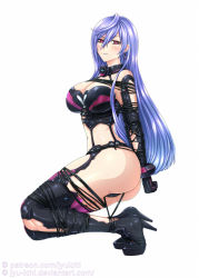 Rule 34 | 1girl, angry, arms behind back, ass, bare shoulders, bdsm, black footwear, blue hair, blush, bondage, boots, bound, breasts, cleavage, earrings, elbow gloves, female focus, garter belt, garter straps, gloves, hair between eyes, high heel boots, high heels, iris heart, jewelry, jyu ichi, kami jigen game neptune v, kneeling, large breasts, legs, long hair, looking at viewer, midriff, neck, neptune (series), parted lips, power symbol, power symbol-shaped pupils, pururut, red eyes, restrained, revealing clothes, shoes, simple background, solo, symbol-shaped pupils, thigh boots, thighhighs, torn boots, torn clothes, white background
