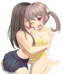 Rule 34 | 2girls, alcohol, bare legs, bare shoulders, barefoot, black hair, blush, breasts, brown hair, closed eyes, highres, large breasts, multiple girls, off shoulder, open mouth, original, red eyes, short hair, simple background, sitting, skirt, topless, undressing, wariza, white background, wince, yuri, zi (mumei)