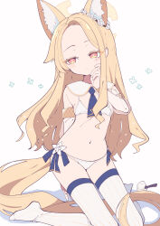 Rule 34 | 1girl, alternate costume, animal ear fluff, animal ears, ascot, averting eyes, bikini, blonde hair, blue archive, blue ascot, closed mouth, collarbone, detached sleeves, extra ears, flat chest, forehead, fox ears, fox girl, halo, highres, kneeling, long hair, looking to the side, mzh, navel, no shoes, red eyes, sailor collar, see-through, see-through sleeves, seia (blue archive), simple background, solo, striped clothes, striped thighhighs, swimsuit, thighhighs, vertical-striped clothes, vertical-striped thighhighs, white background, white bikini, white sailor collar, white thighhighs, yellow halo,loli