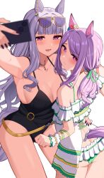 Rule 34 | 2girls, :d, absurdres, animal ears, ass, bikini, bikini under clothes, black one-piece swimsuit, blurry, blurry foreground, blush, breasts, butt crack, cleavage, collarbone, cowboy shot, eyewear on head, flower, from behind, gluteal fold, gold ship (run revolt launcher) (umamusume), gold ship (umamusume), grey hair, hair flower, hair ornament, hand on another&#039;s hip, highres, holding, holding phone, horse ears, horse girl, horse tail, large breasts, long hair, low ponytail, mejiro mcqueen (ripple fairlady) (umamusume), mejiro mcqueen (umamusume), multiple girls, nagaburo imoni, nail polish, official alternate costume, one-piece swimsuit, open mouth, phone, purple eyes, purple hair, purple nails, selfie, simple background, smile, sunglasses, swimsuit, tail, umamusume, white background