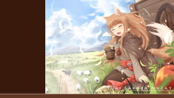 Rule 34 | 2girls, animal ears, apple, artist name, blonde hair, blush, brown hair, cape, cloud, cloudy sky, cup, day, dog, drink, enekk, fang, food, fruit, grass, highres, holo, jewelry, long hair, mountain, multiple girls, necklace, nncat, nora arento, open mouth, outdoors, pouch, road, sash, sheep, sky, smile, spice and wolf, staff, sunlight, tail, wagon, wallpaper, wind, wolf ears, wolf tail