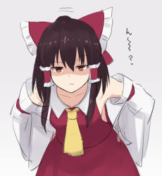Rule 34 | 1girl, ascot, black hair, bow, brown eyes, brown hair, closed mouth, commentary request, cowboy shot, detached sleeves, disgust, frown, gradient background, hair between eyes, hair bow, hair tubes, hakurei reimu, hands on own hips, highres, jitome, leaning forward, leon (mikiri hassha), looking at viewer, multicolored background, red bow, red skirt, shaded face, sidelocks, skirt, skirt set, solo, touhou, two-tone background, yellow ascot