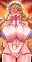 Rule 34 | 1girl, abs, absurdres, akirannu, bare shoulders, barghest (fate), barghest (swimsuit archer) (fate), barghest (swimsuit archer) (final ascension) (fate), bikini, blonde hair, blush, breasts, cleavage, collarbone, commentary request, fate/grand order, fate (series), gluteal fold, gradient sky, green eyes, highres, horns, huge breasts, long hair, looking at viewer, mouth hold, multicolored bikini, multicolored clothes, muscular, muscular female, navel, orange sky, sky, solo, swimsuit, thick thighs, thigh gap, thighs, twilight, white bikini