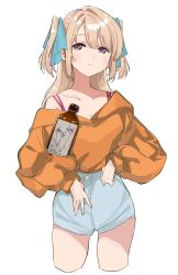 Rule 34 | 1girl, absurdres, alcohol, blue shorts, blush, bottle, breasts, brown hair, cleavage, closed mouth, cropped legs, hei (tonarinohey), highres, holding, holding bottle, kamiina botan, kamiina botan yoeru sugata wa yuri no hana, long hair, long sleeves, looking at viewer, medium breasts, multicolored hair, off shoulder, orange sweater, product placement, puffy long sleeves, puffy sleeves, purple eyes, short shorts, shorts, sidelocks, simple background, smile, solo, sweater, two side up, white background