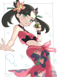 Rule 34 | 1girl, absurdres, asymmetrical bangs, black hair, blush, bracelet, commentary request, creatures (company), dusk ball, eyelashes, floating hair, flower, framed, game freak, gonzarez, green eyes, green ribbon, hair flower, hair ornament, hair ribbon, hand up, highres, holding, holding poke ball, jewelry, long hair, looking at viewer, marnie (pokemon), marnie (summer 2021) (pokemon), midriff, navel, nintendo, official alternate costume, parted lips, pink flower, pink sarong, poke ball, pokemon, pokemon masters ex, ribbon, sarong, solo, spread fingers, twintails, white background