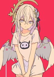 Rule 34 | 1girl, absurdres, angel wings, azusa (blue archive), blue archive, crescent halo, crossed bangs, feathered wings, flower, hair between eyes, hair flower, hair ornament, halo, highres, holding, holding clothes, holding shirt, long hair, looking at viewer, low wings, nanxiacheng1, pink background, purple eyes, purple flower, shirt, simple background, solo, t-shirt, white hair, white wings, wing ornament, wings, yellow halo