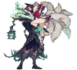 Rule 34 | 1boy, 1girl, ahri (league of legends), animal ears, bare shoulders, black hair, closed mouth, coat, collarbone, extra tails, facial mark, fingernails, fire, fox ears, fox tail, green fire, highres, holding person, key, kitsune, lantern, league of legends, lock, long hair, looking at another, nail polish, open mouth, padlock, panza, red nails, signature, simple background, skull, smile, standing, tail, thresh (league of legends), white background