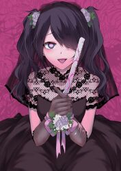 Rule 34 | 1girl, :d, absurdres, alternate costume, ame-chan (needy girl overdose), black dress, black gloves, black hair, black nails, blood, bloody weapon, blue eyes, blush, bonesaw, bound, bound wrists, breasts, bridal veil, commentary request, commission, dress, floral print, flower, gloves, hair flower, hair ornament, hair over one eye, hands up, heart, heart in eye, highres, lace, long hair, looking at viewer, mikumo george, nail polish, needy girl overdose, open mouth, own hands together, pink background, pink blood, pink flower, pink ribbon, pink rose, ribbon, rose, saw, sitting, skeb commission, small breasts, smile, solo, strapless, strapless dress, symbol in eye, twintails, veil, weapon, wedding dress, white flower, yandere