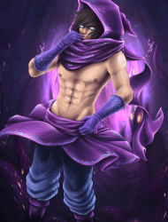 Rule 34 | 1boy, abs, absurdres, blue eyes, brown hair, clothes, gloves, glowing, glowing eyes, highres, league of legends, looking at viewer, male focus, malzahar, muscular, navel, nipples, pants, pectorals, purple background, purple theme, sargent94, scarf, topless male, short hair, solo