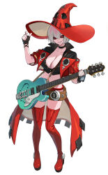 Rule 34 | 1girl, alternate eye color, alternate hair color, black choker, black gloves, black sclera, boots, breasts, choker, cleavage, colored sclera, commission, electric guitar, fingerless gloves, full body, gloves, guilty gear, guilty gear strive, guitar, hat, highres, holding, holding guitar, holding instrument, i-no, instrument, large breasts, looking at viewer, mole, mole above mouth, music, playing instrument, purple z, red eyes, red footwear, red hat, red leather, short hair, short sleeves, standing, thigh boots, tinted eyewear, venus symbol, white hair, witch hat