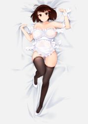 Rule 34 | 1girl, apron, bare shoulders, bed, black thighhighs, breasts, brown eyes, brown hair, collar, female focus, hair ornament, hyo18, large breasts, looking at viewer, lying, naked apron, no bra, on back, original, see-through, shoes, short hair, sideboob, solo, thigh gap, thighhighs, white footwear