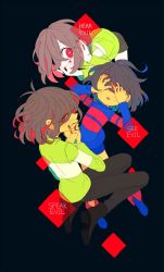 Rule 34 | 3girls, black background, black footwear, brown hair, brown pants, brown shorts, chara (undertale), covered eyes, deltarune, diamond (shape), frisk (undertale), full body, green shirt, hand on own face, kris (deltarune), leaning forward, looking at viewer, multiple girls, nail polish, one eye covered, pants, purple shirt, red eyes, red nails, shirt, shoes, short hair, shorts, soseji (tjduswjd), striped clothes, striped shirt, three monkeys, undertale