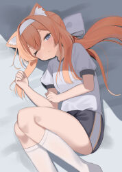 Rule 34 | 1girl, absurdres, animal ears, bed sheet, black shorts, blue archive, blue eyes, blush, commentary request, feet out of frame, gym shirt, gym shorts, gym uniform, highres, looking at viewer, lying, mari (blue archive), mari (track) (blue archive), no halo, nose blush, official alternate costume, official alternate hairstyle, on bed, on side, one eye closed, parted lips, puffy short sleeves, puffy sleeves, shirt, short sleeves, shorts, socks, solo, terano naa, thighs, waking up, white shirt, white socks