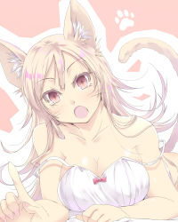 Rule 34 | 1girl, animal ear fluff, animal ears, bare arms, bare shoulders, breasts, brown eyes, camisole, cat ears, cat girl, cat tail, cleavage, commentary request, hair between eyes, highres, index finger raised, light brown hair, long hair, looking at viewer, lying, medium breasts, nail polish, on stomach, open mouth, original, outline, pink nails, satomi (black scarecrow), solo, strap slip, tail, tail raised, very long hair, white camisole, white outline