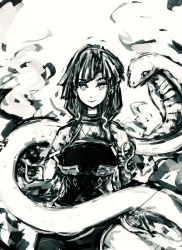 Rule 34 | 1girl, absurdres, breasts, commentary, dress, elbow gloves, english commentary, gloves, greyscale, halter dress, halterneck, highres, hip vent, large breasts, looking at viewer, medium hair, merpperoni, monochrome, nagare sara, prism project, sitting, sketch, smile, snake, solo, virtual youtuber