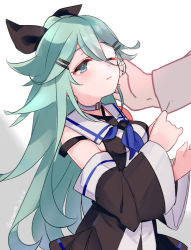 Rule 34 | 1girl, black ribbon, blue neckerchief, blush, breasts, closed eyes, collar, detached sleeves, gradient background, green eyes, green hair, hair between eyes, hair flaps, hair ornament, hair ribbon, hairclip, holding, kantai collection, long hair, looking at viewer, megane poni, neckerchief, one-hour drawing challenge, one eye closed, ponytail, ribbon, school uniform, serafuku, solo focus, white collar, yamakaze (kancolle)