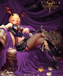 Rule 34 | 10s, 1girl, blonde hair, boots, chair, chandelier, cygames, flower, gem, gloves, head wings, high heels, jewelry, kiseru, leaning to the side, light smile, midriff, navel, necklace, official art, petals, queen vampire (shadowverse), red eyes, ribbon, scarf, shadowverse, shingeki no bahamut, short hair, sitting, skirt, smoking pipe, tachikawa mushimaro, thighhighs, wings