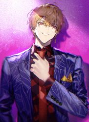 Rule 34 | 1boy, absurdres, adjusting neckwear, bikkusama, blonde hair, buttoned cuffs, buttons, collared shirt, commentary request, earrings, fate/grand order, fate (series), formal, gilgamesh (fate), hair between eyes, highres, jacket, jewelry, long sleeves, looking at viewer, male focus, open clothes, open jacket, purple jacket, red eyes, red shirt, shirt, smile, solo, suit, teeth, upper body