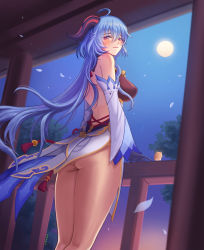 Rule 34 | 1girl, ahoge, ass, back, backless leotard, balcony, bell, black gloves, black leotard, blue hair, blush, breasts, closed mouth, commentary, cowbell, detached sleeves, eyelashes, feet out of frame, floating hair, full moon, ganyu (genshin impact), genshin impact, gloves, goat horns, gold trim, hair between eyes, highres, horns, kneepits, large breasts, leotard, light blue hair, long hair, looking at viewer, looking back, moon, neck bell, night, night sky, no panties, outdoors, pelvic curtain, perky breasts, petals, purple eyes, raoul (raoul77), signature, sky, smile, solo, tassel, thighs, tree, wind, wind lift