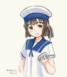 Rule 34 | 1girl, black hair, blue sailor collar, blurry, brown eyes, daitou (kancolle), dated, depth of field, dress, grin, hat, kangoku kou, kantai collection, looking at viewer, sailor collar, sailor dress, sailor hat, short hair, short sleeves, simple background, smile, solo, twitter username, upper body, white background, white hat