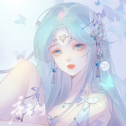 Rule 34 | 1girl, artist request, bare legs, blue eyes, blue hair, braid, bug, butterfly, douluo dalu, earrings, glowing butterfly, hair ornament, highres, insect, jewelry, leg up, long hair, looking at viewer, necklace, parted lips, second-party source, single hair ring, solo, tang wutong (douluo dalu), upper body