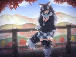 Rule 34 | 1girl, animal ears, autumn, autumn leaves, between breasts, black hair, blue eyes, breast pocket, breasts, cleavage, extra ears, fur collar, gloves, grey wolf (kemono friends), heterochromia, highres, kemono friends, large breasts, leaf, looking at viewer, mo23, mountain, mountainous horizon, multicolored hair, nature, necktie, necktie between breasts, outdoors, plaid necktie, pocket, solo, standing, tail, two-tone hair, white gloves, white hair, wolf ears, wolf girl, wolf tail, yellow eyes