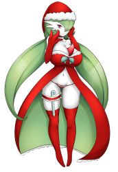 Rule 34 | 1girl, alternate hairstyle, between breasts, bow, bow panties, breasts, candy, candy cane, christmas, cleavage, colored skin, creatures (company), food, food focus, full body, game freak, gardevoir, gen 3 pokemon, green hair, groin, hat, lalox, large breasts, long hair, navel, nintendo, no humans, panties, pokemon, pokemon (creature), red eyes, red panties, santa hat, smile, solo, striped clothes, striped panties, thick thighs, thighhighs, thighs, twintails, underwear, white skin