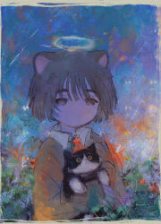 1other absurdres androgynous animal animal_ears black_cat border brown_eyes brown_hair cat ciel_(paradis47) collared_shirt halo highres holding holding_animal looking_at_viewer original other_focus painterly shirt short_hair solo upper_body