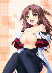 Rule 34 | 10s, 1girl, :d, black thighhighs, grabbing another&#039;s breast, breasts, brown hair, clothes pull, grabbing, hair ornament, highres, infinite stratos, knees together feet apart, large breasts, nipples, no bra, no pants, nohotoke honne, open clothes, open mouth, open shirt, school uniform, grabbing own breast, shirt, shirt pull, smile, solo, thighhighs, tsuda akira, two side up, yellow eyes