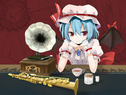 Rule 34 | 1girl, bat wings, blue hair, female focus, gotyou, hat, head rest, highres, instrument, phonograph, red eyes, remilia scarlet, saxophone, short hair, smile, solo, tea, touhou, wings, wrist cuffs