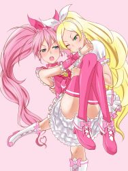 Rule 34 | 2girls, alliot9, boots, carrying, cure melody, cure rhythm, green eyes, highres, magical girl, multiple girls, pink background, precure, princess carry, ribbon on head, suite precure, tsuntsun (expression), yuri