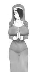 Rule 34 | 1girl, breasts, commentary, english commentary, greyscale, habit, hair over one eye, huge breasts, interlocked fingers, jewelry, long sleeves, looking at viewer, monochrome, necklace, nun, original, robe, saya (twrlare), short hair, smile, solo, twrlare