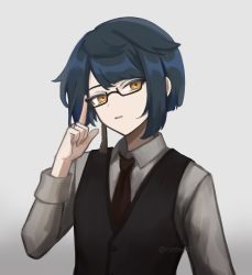 Rule 34 | 1boy, adjusting eyewear, alternate costume, arm up, asymmetrical bangs, bespectacled, black vest, blue hair, collared shirt, commentary, commentary request, cyenwl, dress shirt, earrings, formal, genshin impact, glasses, glint, gradient background, highres, jewelry, long sleeves, looking at viewer, male focus, medium hair, necktie, open mouth, parted lips, ring, shadow, shirt, simple background, single earring, solo, symbol-only commentary, tassel, tassel earrings, twitter username, vest, waistcoat, white background, white shirt, wing collar, xingqiu (genshin impact), yellow eyes