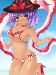 1girl bikini bow breasts cameltoe cleavage dark-skinned_female dark_skin female_focus frilled_bikini frills ginji74 hat hat_bow high_heels large_breasts nagae_iku navel open_mouth purple_hair red_eyes sandals shawl shiny_skin shoes short_hair side-tie_bikini_bottom solo swimsuit tan tears thigh_gap touhou