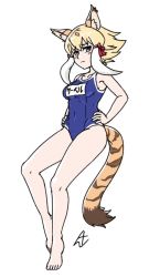 Rule 34 | 1girl, acesrulez, alternate costume, animal ears, bare legs, bare shoulders, barefoot, blonde hair, blue one-piece swimsuit, bow, cat ears, cat girl, cat tail, collared shirt, commentary request, full body, hair bow, hands on own hips, kemono friends, multicolored hair, name tag, one-piece swimsuit, red bow, school swimsuit, shirt, short hair, sidelocks, smilodon (kemono friends), solo, swimsuit, tail, translation request, white hair