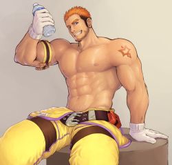Rule 34 | 1boy, abs, armband, bara, beard, blue eyes, bottle, brown hair, facial hair, feet out of frame, gloves, gyee, ko shushu, large pectorals, long sideburns, looking at viewer, male focus, manly, multicolored hair, muscular, navel, nipples, orange hair, pants, pectorals, rand (gyee), short hair, sideburns, smile, solo, stubble, tattoo, thick thighs, thighs, topless male, water bottle, yellow pants