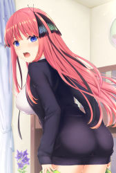 Rule 34 | 1girl, :o, ass, black cardigan, black ribbon, blunt bangs, blush, breasts, butterfly hair ornament, cardigan, clothes pull, commentary request, covered erect nipples, cowboy shot, curtains, eyebrows hidden by hair, flower, framed, go-toubun no hanayome, green skirt, hair ornament, hair ribbon, highres, holding, holding clothes, holding skirt, inanaki shiki, indoors, large breasts, long hair, long sleeves, looking at viewer, nakano nino, open cardigan, open clothes, picture frame, pink hair, ribbon, shirt, sidelocks, skirt, sleeves past wrists, solo, table, teeth, tongue, two side up, undressing, upper teeth only, wall, white shirt