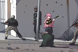 Rule 34 | 1girl, 4boys, absurdres, akm, art shift, assault rifle, black skirt, bocchi the rock!, bullet hole, commentary, crying, dark skin, english commentary, firefight, gotoh hitori, guitar, gun, hair between eyes, hair ornament, hiding, hiding behind another, highres, hinghoi, holding, holding gun, holding instrument, holding weapon, instrument, jacket, kalashnikov rifle, long hair, long sleeves, meme, military, military uniform, multiple boys, music, one side up, photo-referenced, pink hair, playing instrument, pleated skirt, rifle, sidelocks, sketch, skirt, soldier, taking cover, track jacket, uniform, weapon