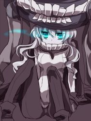 Rule 34 | 10s, 1girl, :&lt;, abyssal ship, arm support, bad id, bad pixiv id, blue eyes, bodysuit, cape, gloves, glowing, glowing eyes, kantai collection, long hair, looking at viewer, monster, pale skin, sakura (lilak a), silver hair, sitting, solo, wo-class aircraft carrier