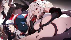 Rule 34 | 3girls, :o, arm support, ass, azur lane, bare legs, bare shoulders, black gloves, black hairband, black neckwear, black skirt, bow, breasts, buttons, capelet, closed mouth, cross, double-breasted, dress, elbow gloves, epaulettes, fake horns, feet out of frame, female focus, gloves, gradient background, grey background, hair bow, hairband, hand on own knee, hand to own mouth, hand up, hat, highres, horns, huge breasts, iron cross, kneepits, large breasts, long legs, long sleeves, looking at viewer, looking to the side, lying, merican sack, military, military hat, military uniform, mole, mole under eye, multiple girls, necktie, nervous, nurnberg (azur lane), on side, open mouth, peter strasser (azur lane), prinz heinrich (azur lane), purple eyes, red eyes, sidelocks, signature, silver hair, simple background, skirt, smile, thigh strap, tongue, tongue out, underboob, uniform