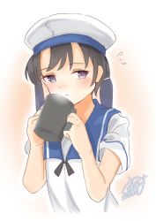 Rule 34 | 1girl, black hair, blush, calin, coffee mug, cup, dated, dress, flying sweatdrops, hat, highres, holding, holding cup, kantai collection, long hair, mug, open mouth, purple eyes, sailor dress, sailor hat, shounan (kancolle), signature, solo, twintails, upper body, white dress, white hat
