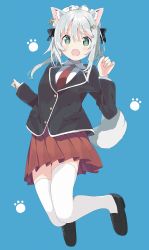 Rule 34 | 1girl, :o, animal ear fluff, animal ears, black footwear, black jacket, blazer, blue background, blush, collared shirt, commentary request, green eyes, hair between eyes, highres, jacket, loafers, long sleeves, looking at viewer, maid headdress, necktie, open mouth, original, pleated skirt, red necktie, red skirt, school uniform, shirt, shoes, silver hair, simple background, skirt, sleeves past wrists, solo, tail, tantan men (dragon), thighhighs, white shirt, white thighhighs