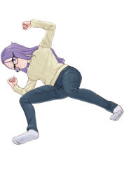 Rule 34 | 1girl, black-framed eyewear, breasts, clenched hands, commentary request, easy (aqk7bdqt), from below, full body, glasses, kagamihara sakura, large breasts, long hair, purple hair, ribbed sweater, socks, solo, sweater, yurucamp