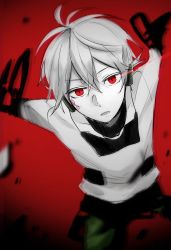 Rule 34 | 1boy, glowing, glowing eyes, highres, kagerou project, konoha (kagerou project), male focus, ponytail, red background, red eyes, saree m, solo, tearing, white hair
