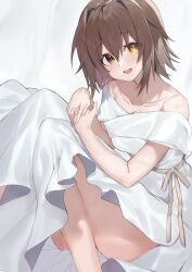 Rule 34 | 1girl, bare shoulders, blush, breasts, brown eyes, brown hair, cleavage, collarbone, dress, furutaka (kancolle), hair between eyes, heterochromia, highres, jewelry, kantai collection, looking at viewer, medium breasts, official alternate costume, open mouth, own hands together, picoli1313, ring, short hair, simple background, sitting, solo, wedding ring, white dress, yellow eyes